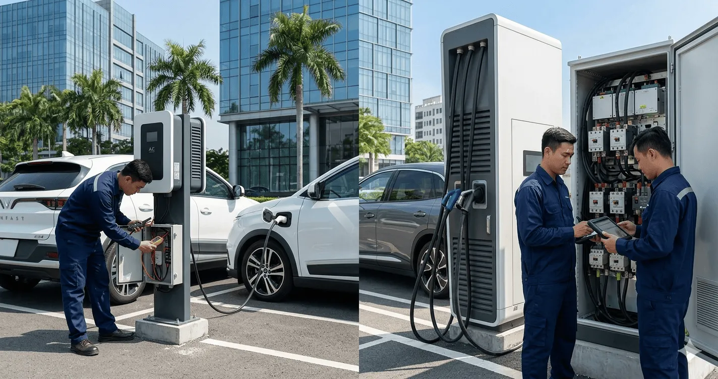 Lắp Đặt Trụ Sạc Xe Điện: Nên Chọn Sạc Nhanh DC Hay Sạc Chậm AC Cho Doanh Nghiệp?